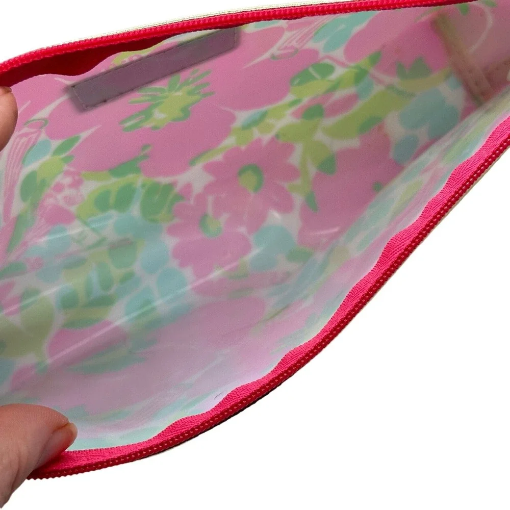 Lilly Pulitzer Estee Lauder pink green floral print zip pouch makeup bag